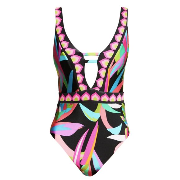 New! Trina Turk Birds of Paradise Plunge One-Piece Swimsuit Women's Size 14 - Picture 9 of 9